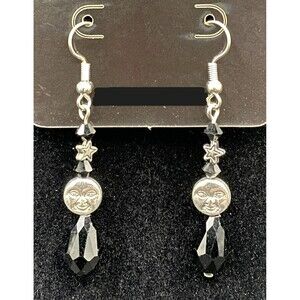 Handmade Moon & Star with Black Crystal Bead Earrings by Neanie-Bot